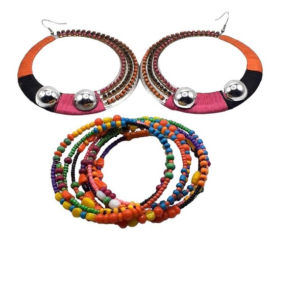 Jewelry - Mod Boho Jewelry Set Colorful Festival Dangle Hoops Earrings Memory Brac…